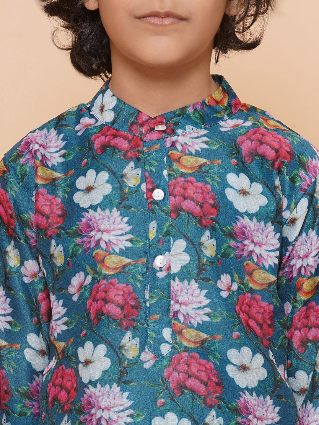 Bittu By Bhama Boys Petrol Blue Printed Kurta with Pyjamas