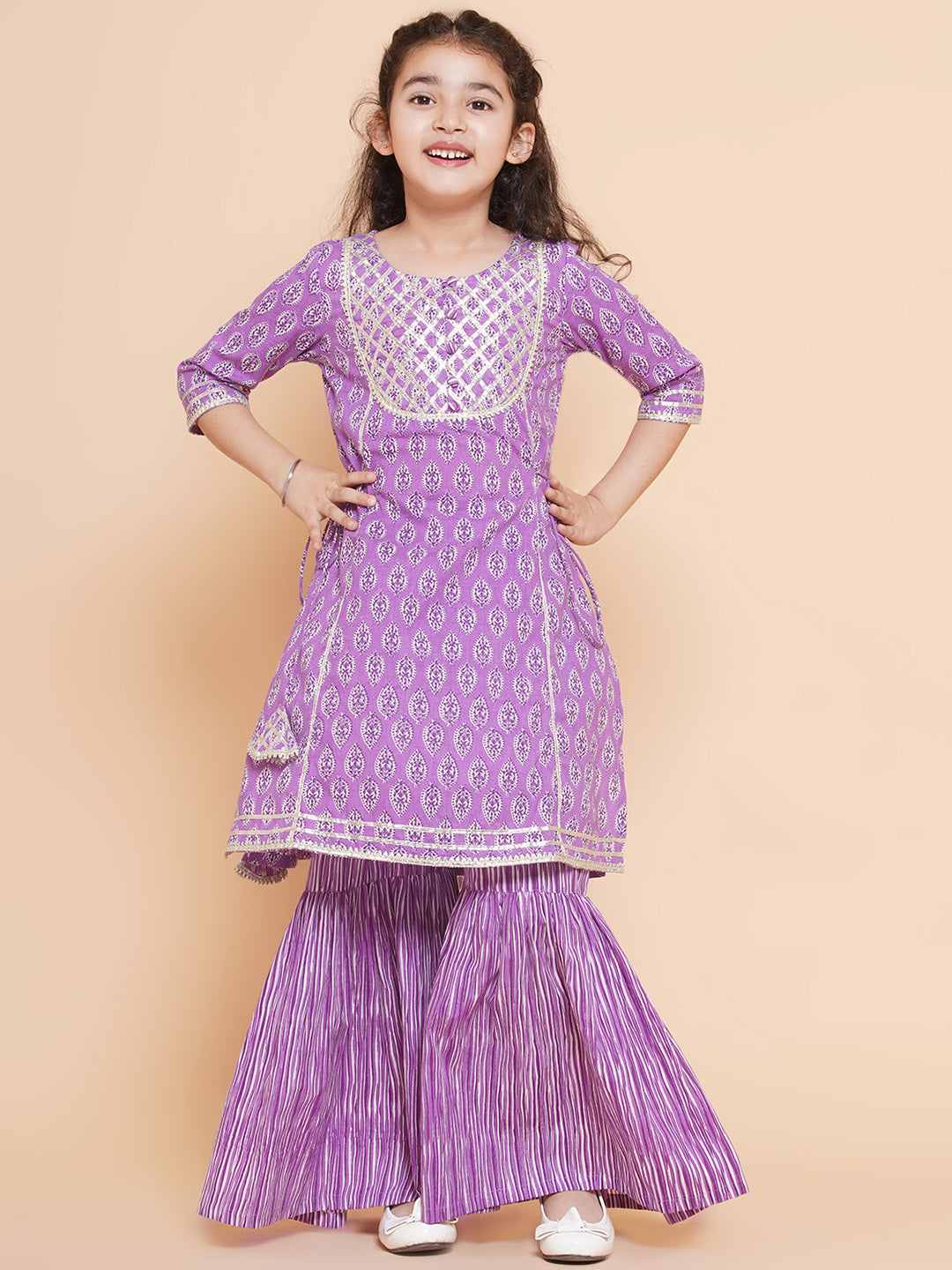 Bitiya by Bhama Girls Purple Printed Cotton Kurta with Sharara