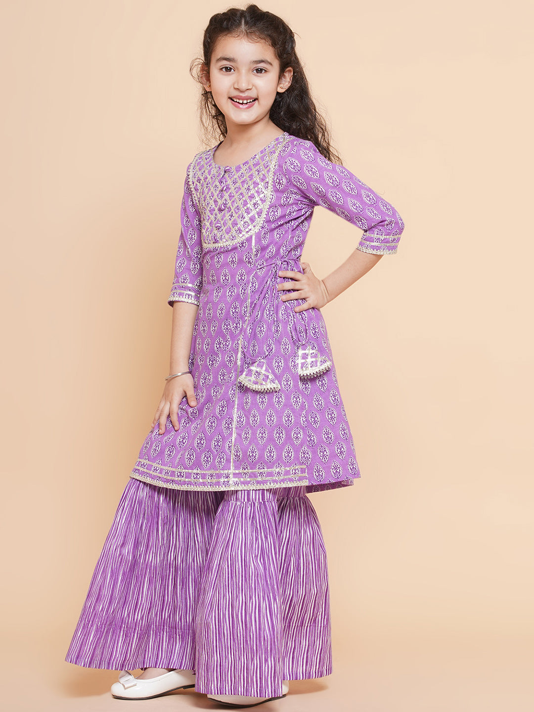 Bitiya by Bhama Girls Purple Printed Cotton Kurta with Sharara