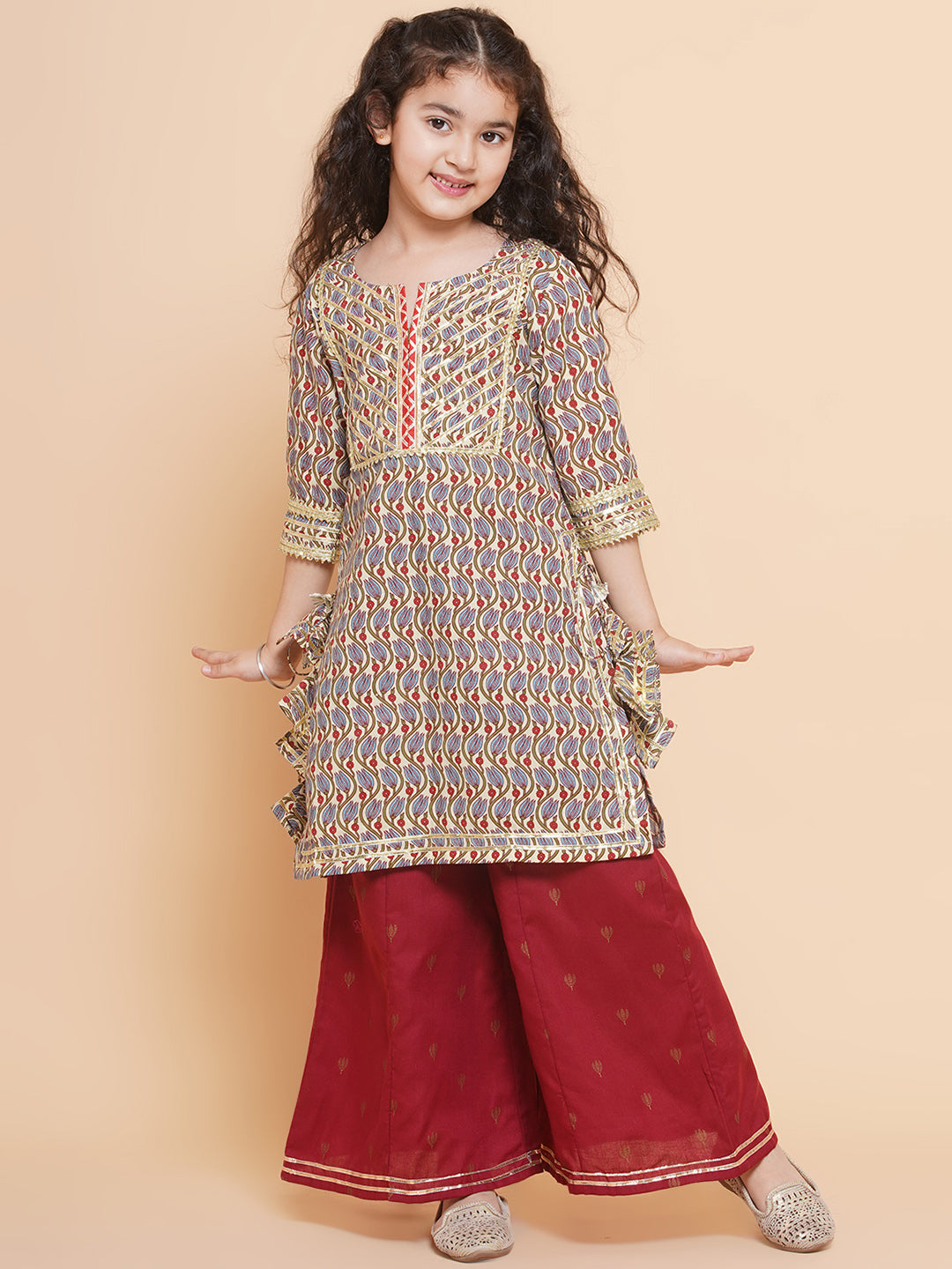 Bitiya by Bhama Girls Maroon Floral Printed Cotton Kurta with Sharara