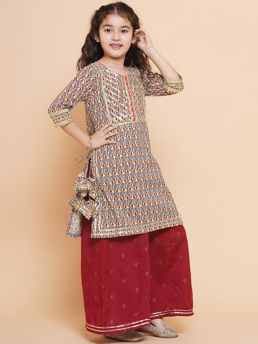 Bitiya by Bhama Girls Maroon Floral Printed Cotton Kurta with Sharara