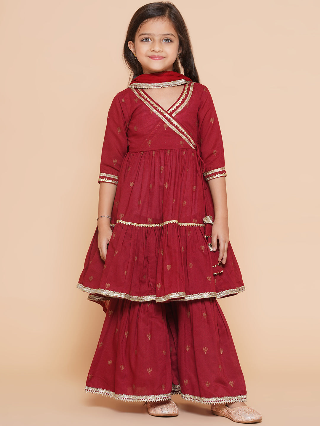 Bitiya by Bhama Girls Maroon Ethnic Motifs Printed Angrakha Gotta Patti Kurta Sharara & Dupatta