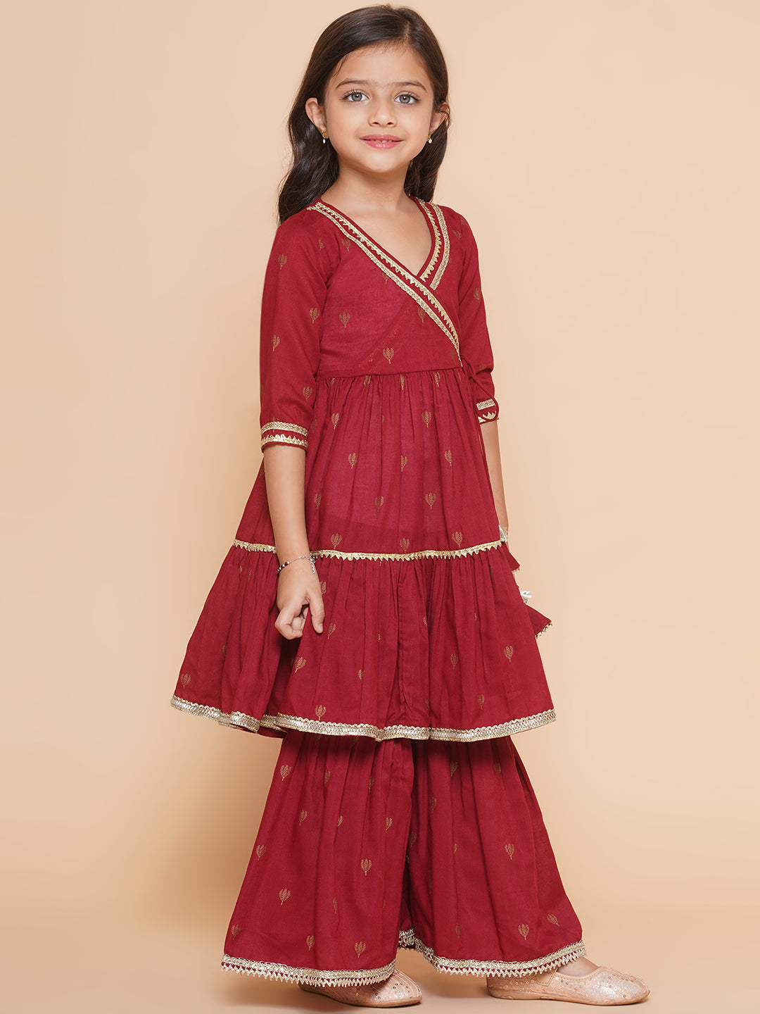 Bitiya by Bhama Girls Maroon Ethnic Motifs Printed Angrakha Gotta Patti Kurta Sharara & Dupatta