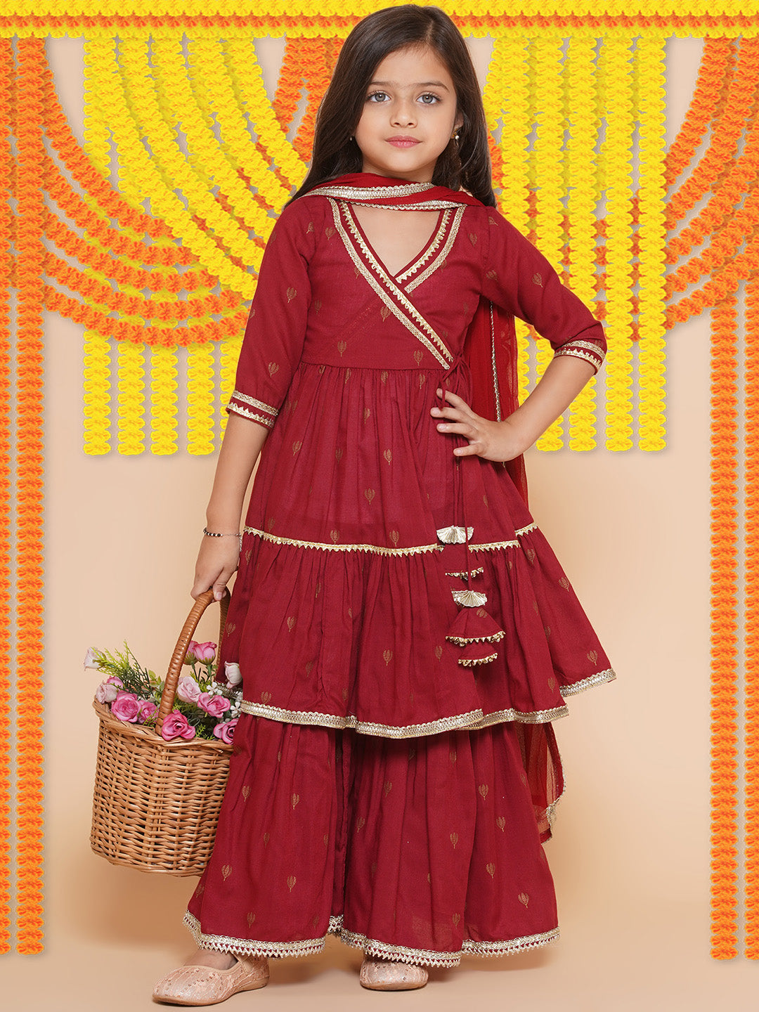 Bitiya by Bhama Girls Maroon Ethnic Motifs Printed Angrakha Gotta Patti Kurta Sharara & Dupatta