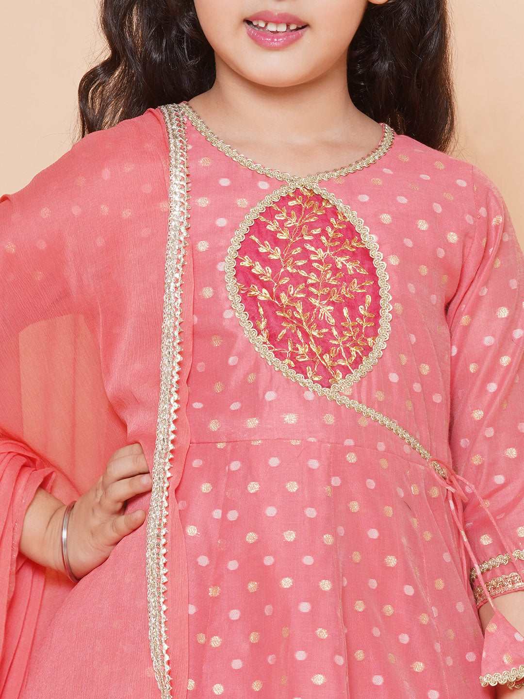 Bitiya by Bhama Girls Peach Self design Booti Angrakha Gotta Patti Kurta & with Trouser  & Dupatta