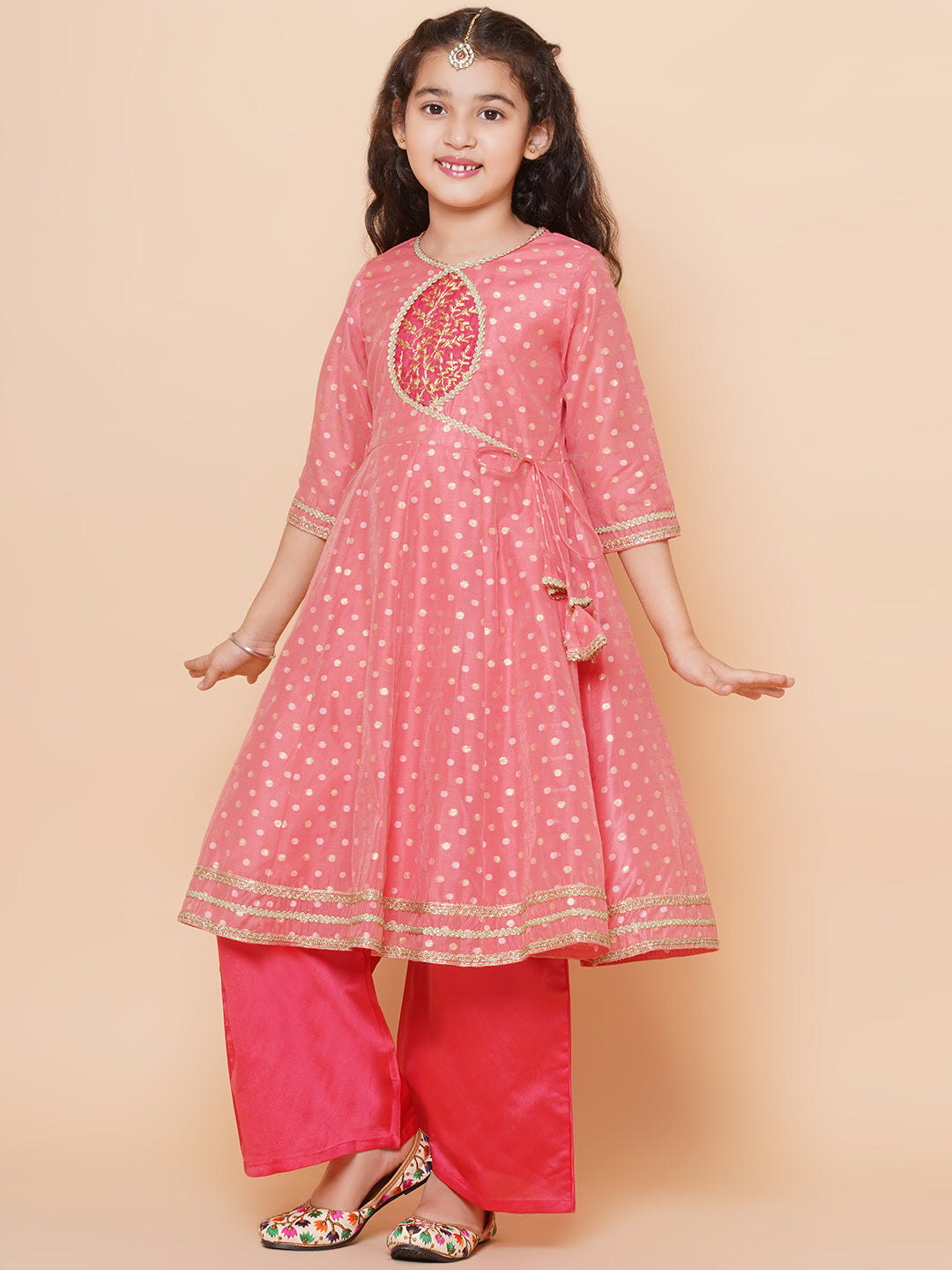 Bitiya by Bhama Girls Peach Self design Booti Angrakha Gotta Patti Kurta & with Trouser  & Dupatta