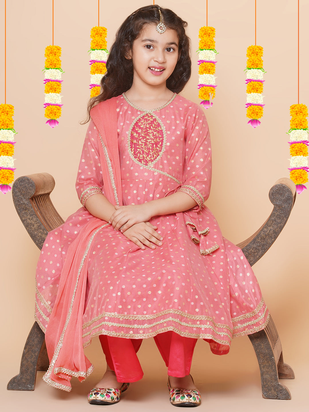 Bitiya by Bhama Girls Peach Self design Booti Angrakha Gotta Patti Kurta & with Trouser  & Dupatta