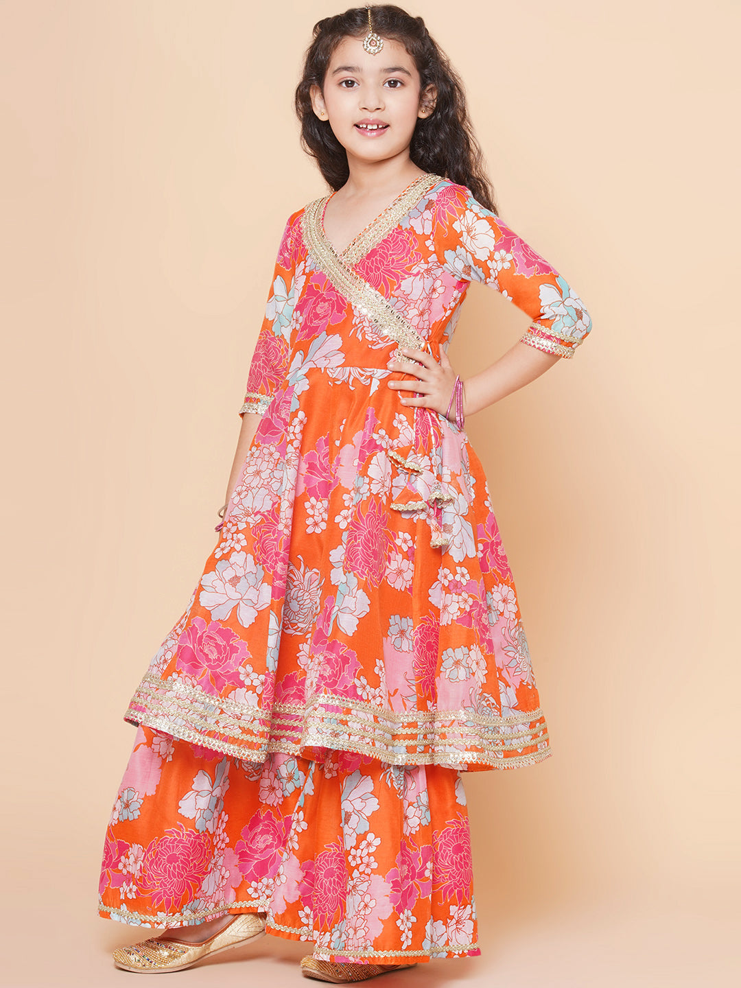 Bitiya by Bhama Girls Orange Multi Floral Printed Angrakha Gotta Patti Kurta & Sharara With Dupatta