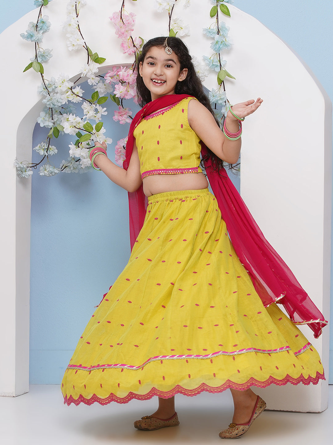 Bitiya by Bhama Girls Lime Green with Embroidered Ready to Wear Lehenga & Choli with Dupatta.