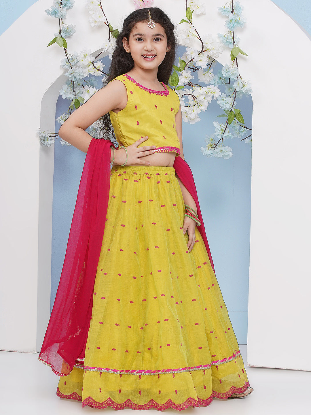 Bitiya by Bhama Girls Lime Green with Embroidered Ready to Wear Lehenga & Choli with Dupatta.