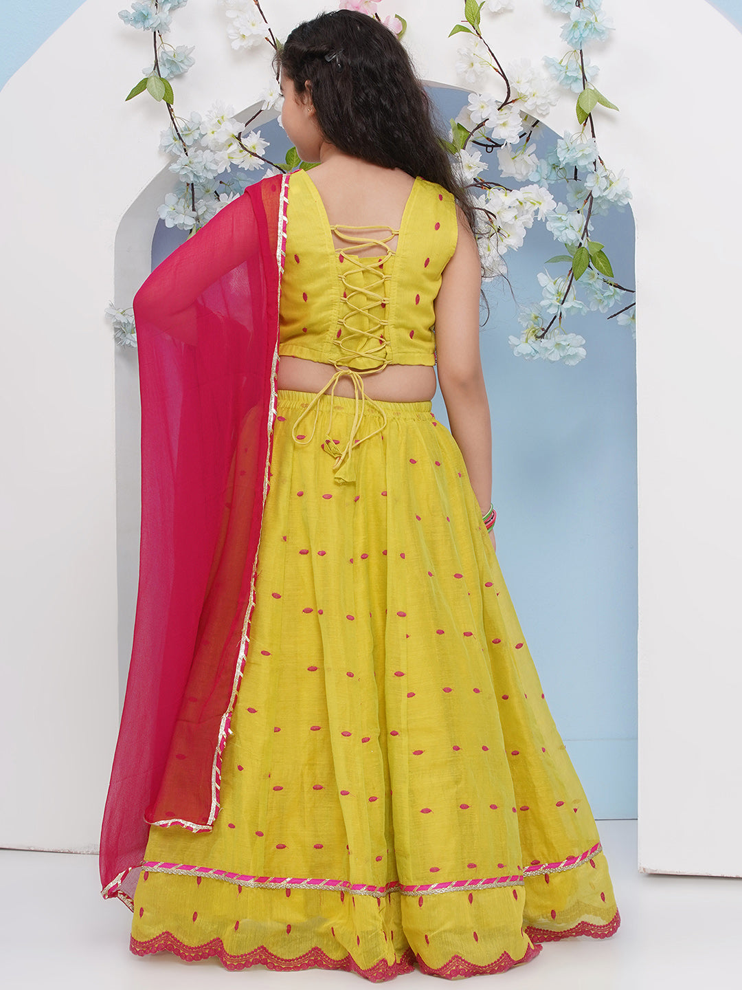 Bitiya by Bhama Girls Lime Green with Embroidered Ready to Wear Lehenga & Choli with Dupatta.