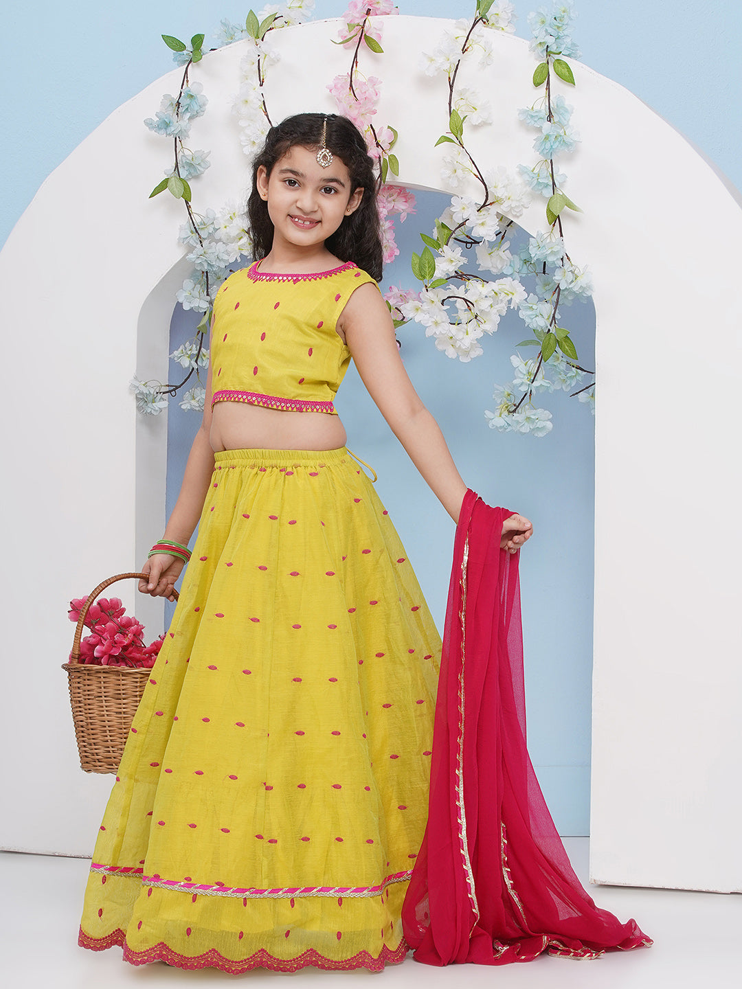 Bitiya by Bhama Girls Lime Green with Embroidered Ready to Wear Lehenga & Choli with Dupatta.