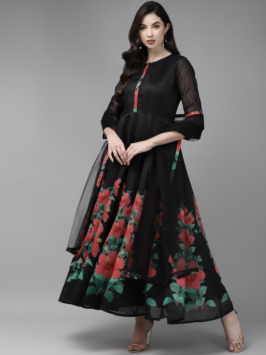 Black Floral Printed Chanderi Silk Anarkali Kurta With Dupatta