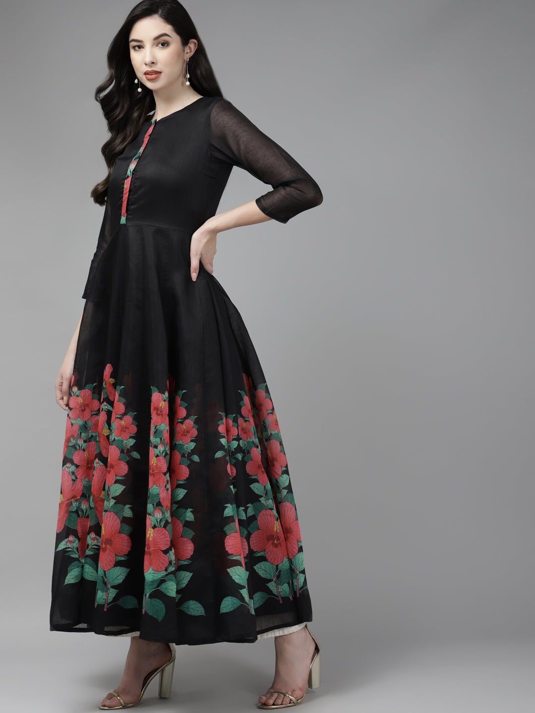 Black Floral Printed Chanderi Silk Anarkali Kurta With Dupatta