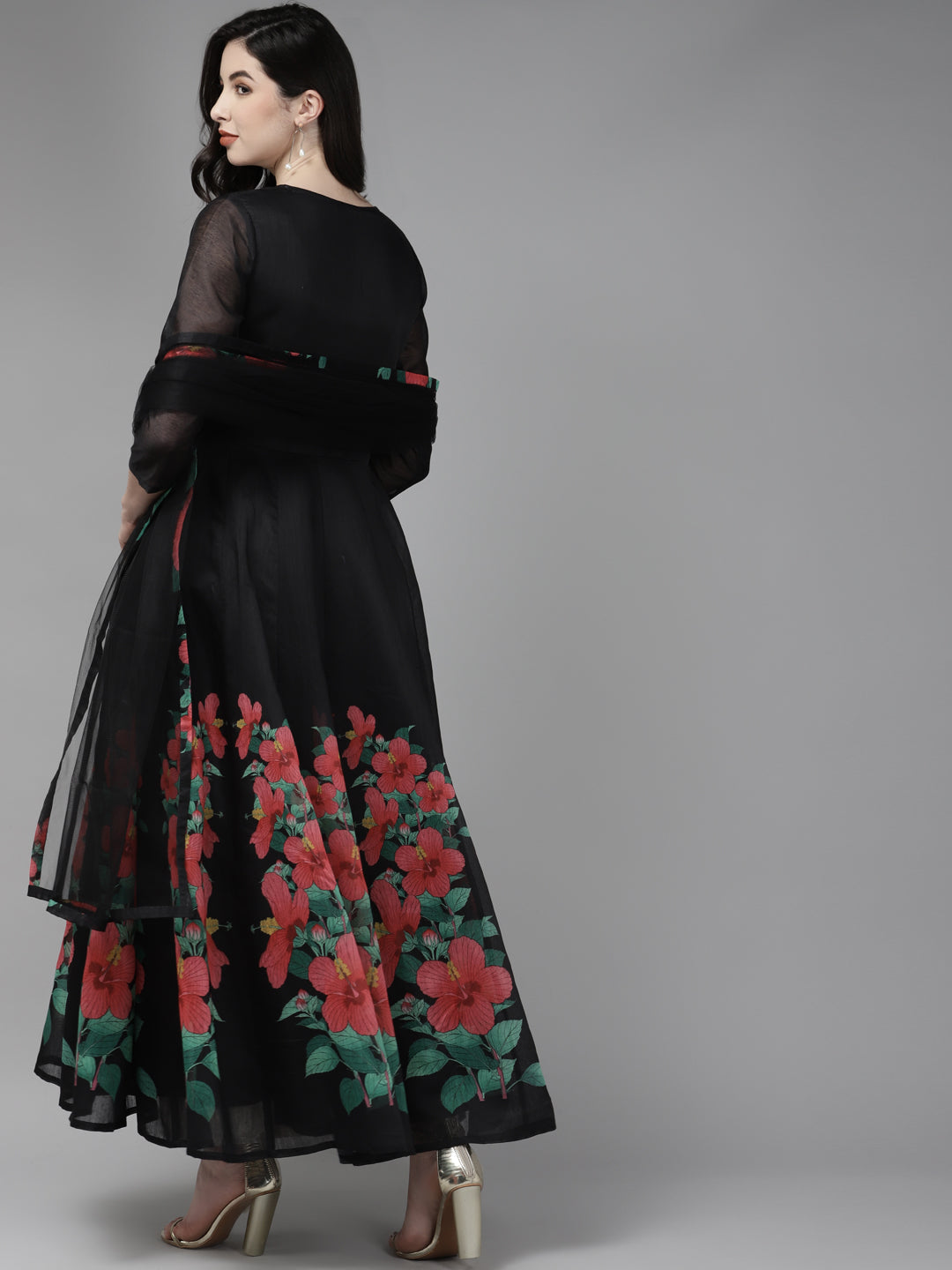 Black Floral Printed Chanderi Silk Anarkali Kurta With Dupatta