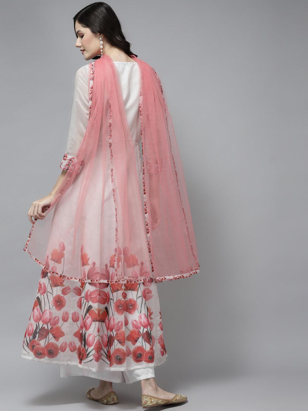 Shop Off White Floral Printed Chanderi Silk Anarkali Kurta With Dupatta Online