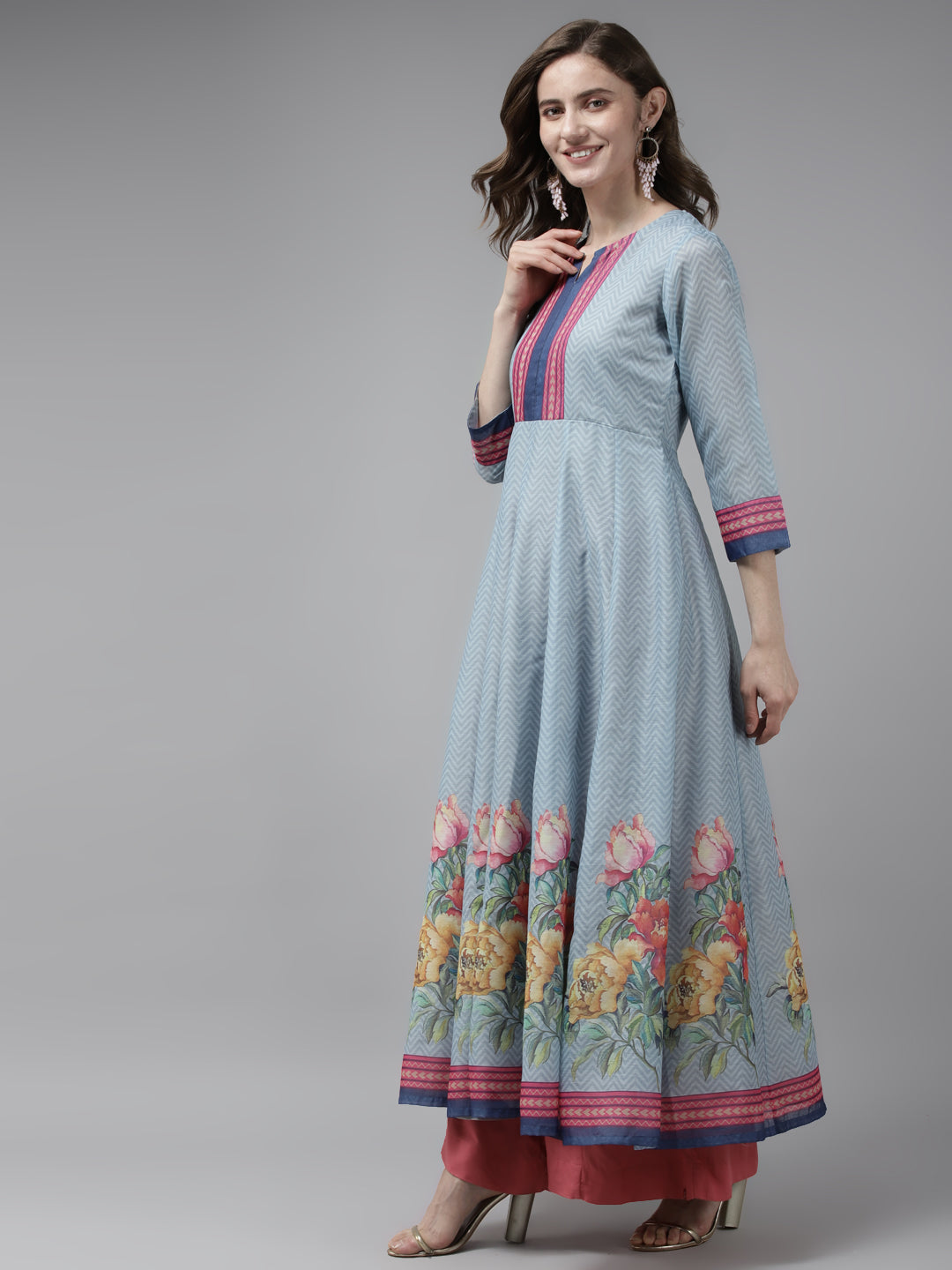 Blue & Pink Floral Printed Chanderi Silk Anarkali Kurta & Dupatta