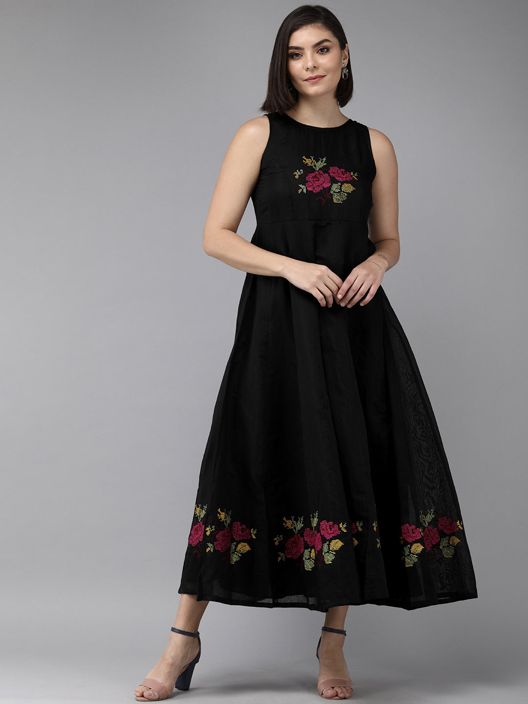 Bhama Couture Black Embroidered Chanderi Silk Maxi Dress