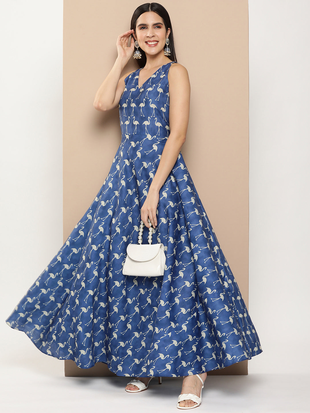 Bhama Couture Navy Blue Printed Long Dress With Waist Belt