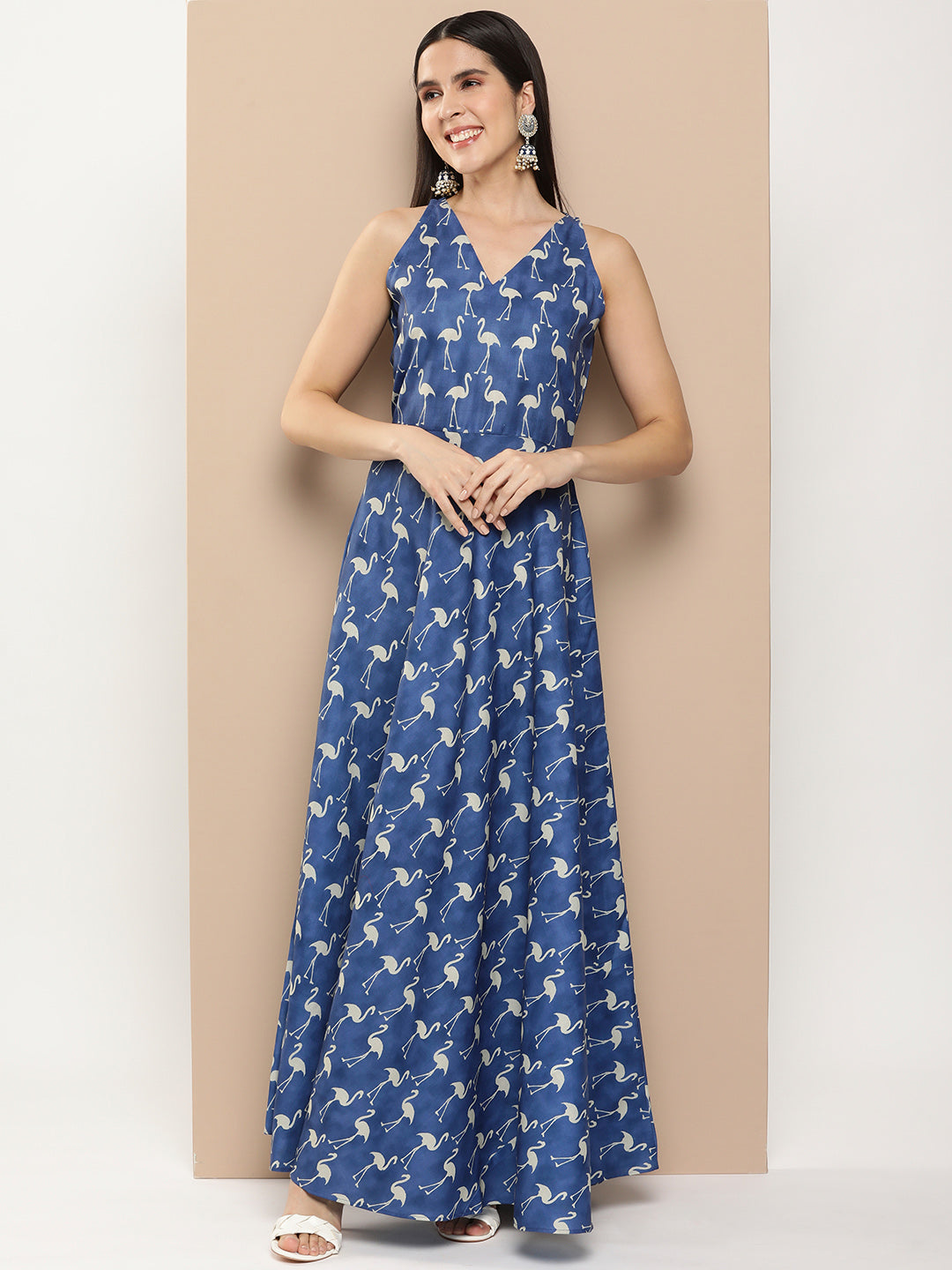 Bhama Couture Navy Blue Printed Long Dress With Waist Belt