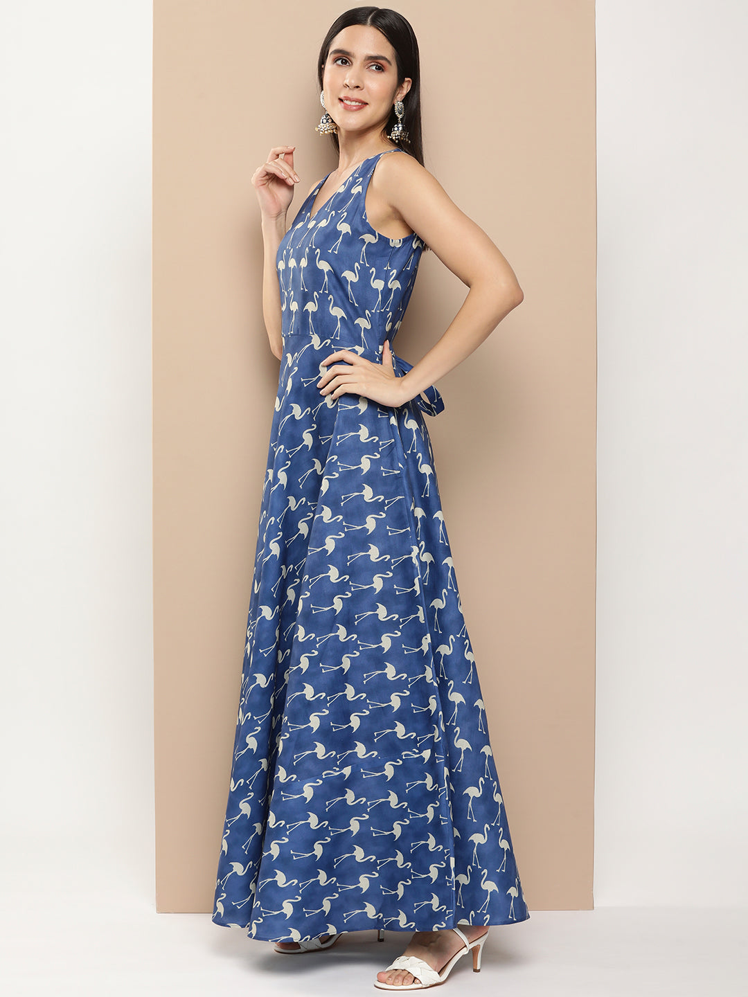 Bhama Couture Navy Blue Printed Long Dress With Waist Belt