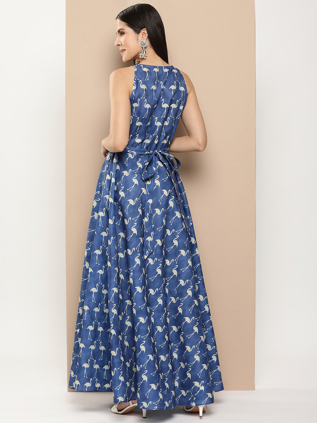 Bhama Couture Navy Blue Printed Long Dress With Waist Belt