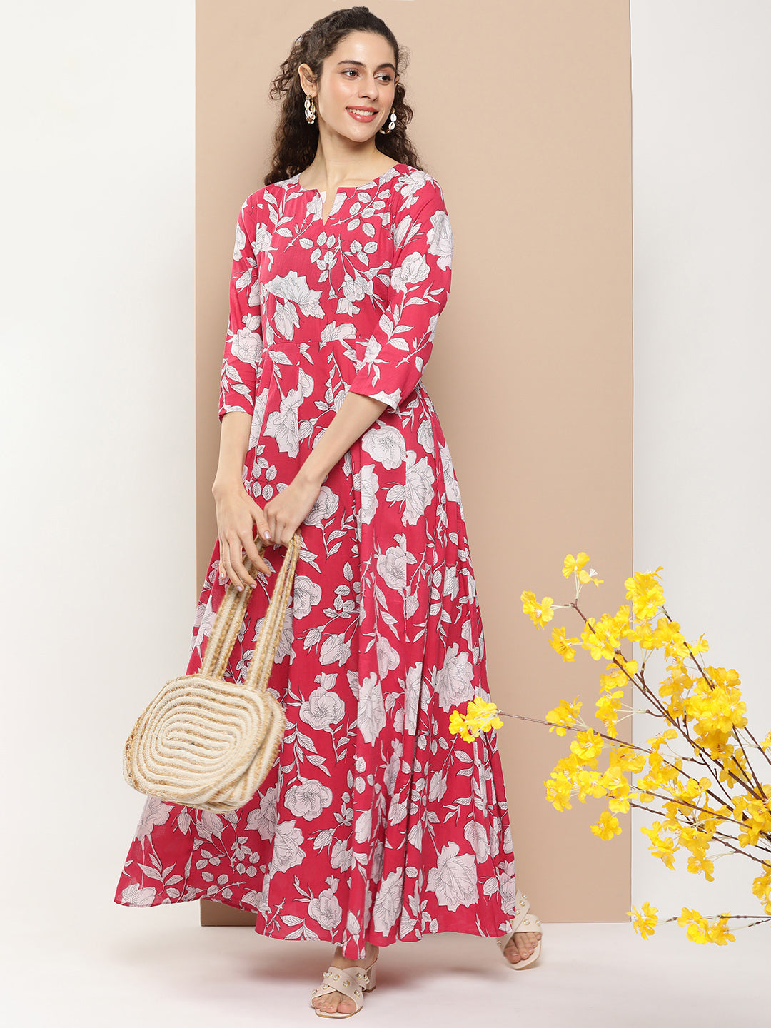 Bhama Couture Pink Printed Long Dress With Waist Belt