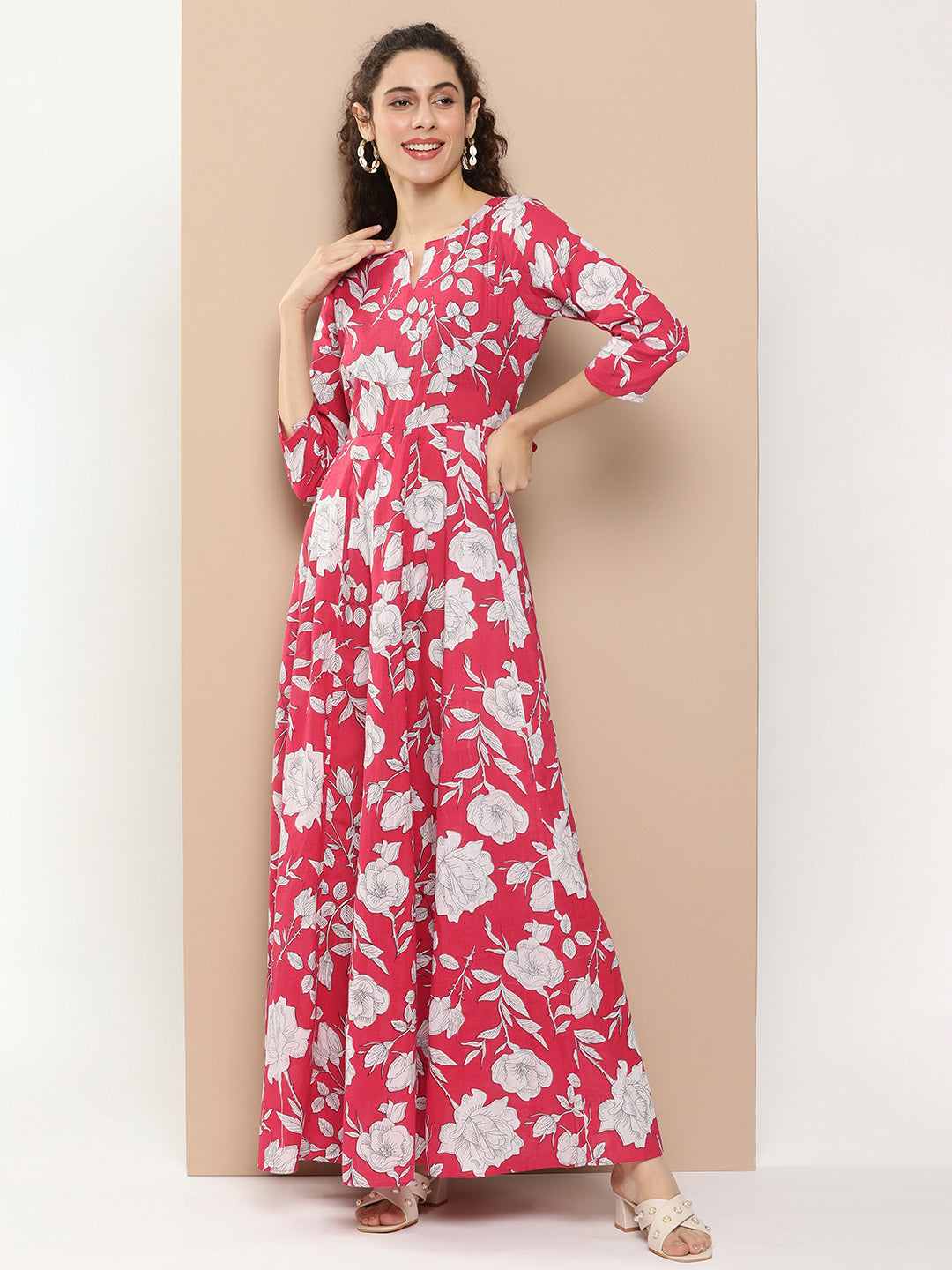 Bhama Couture Pink Printed Long Dress With Waist Belt