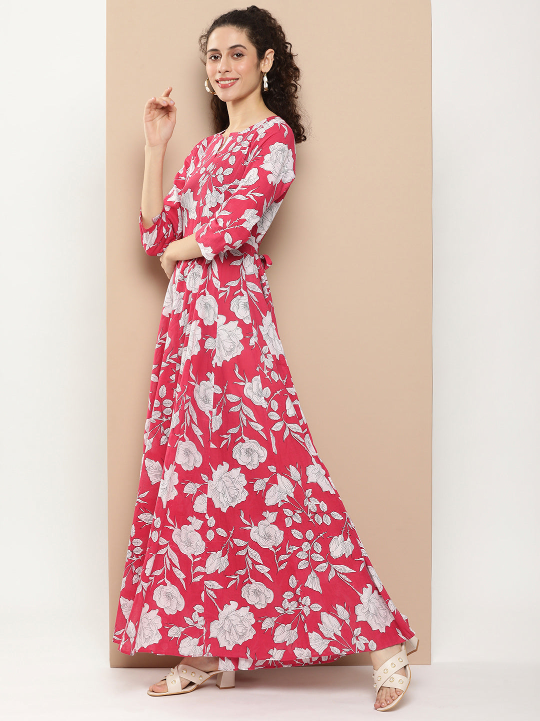 Bhama Couture Pink Printed Long Dress With Waist Belt