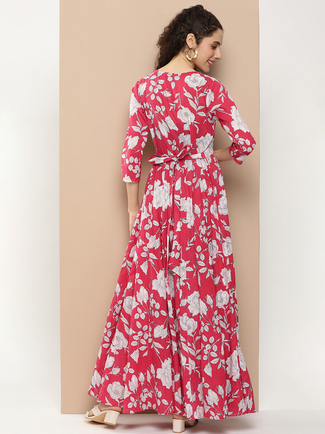 Bhama Couture Pink Printed Long Dress With Waist Belt