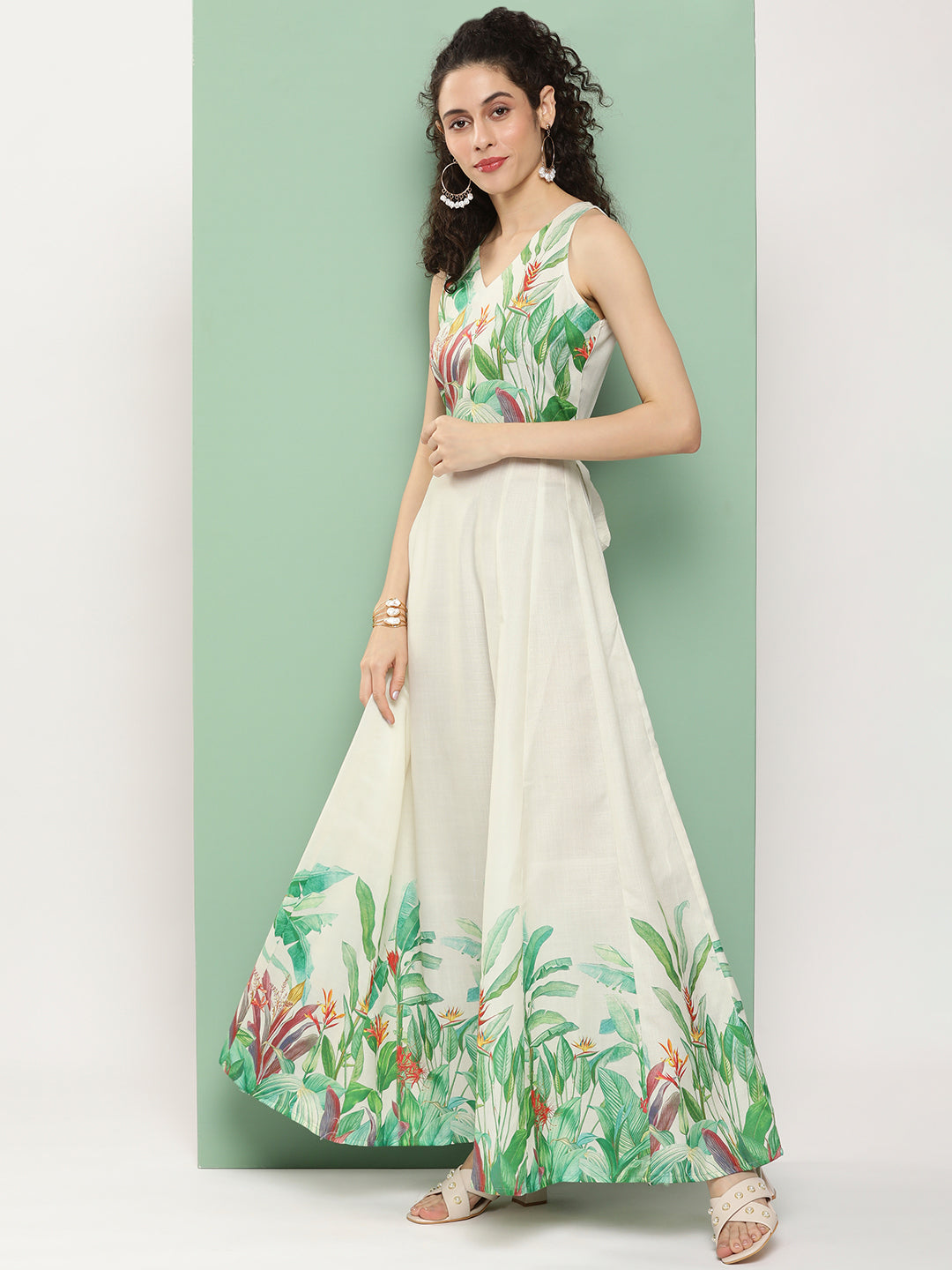 Bhama Couture Beige Printed Long Dress With Waist Belt