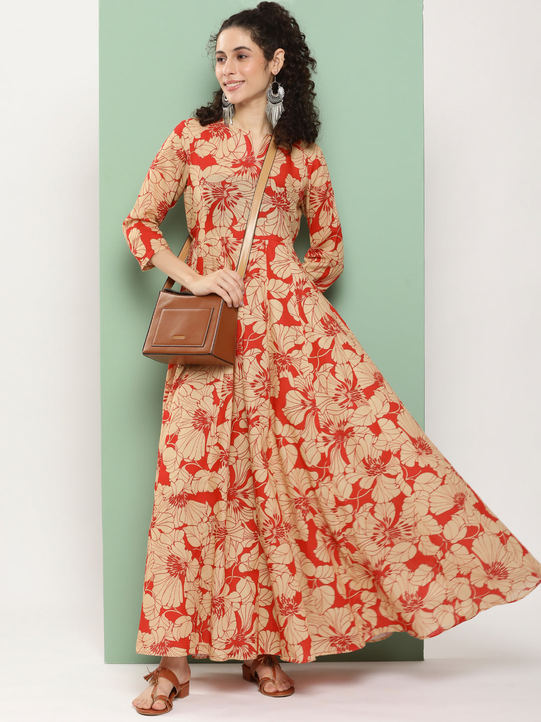 Bhama Couture Red Printed Long Dress With Waist Belt