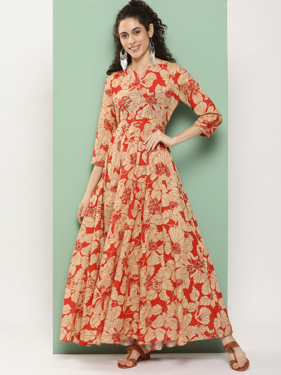Bhama Couture Red Printed Long Dress With Waist Belt
