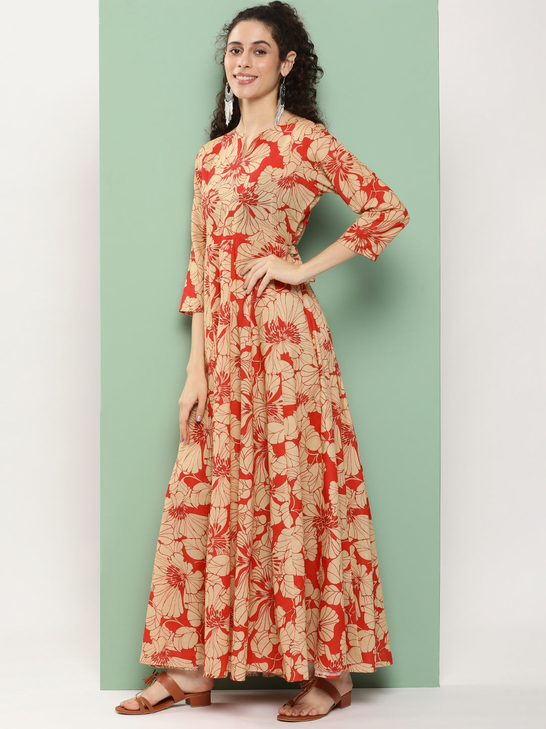 Bhama Couture Red Printed Long Dress With Waist Belt