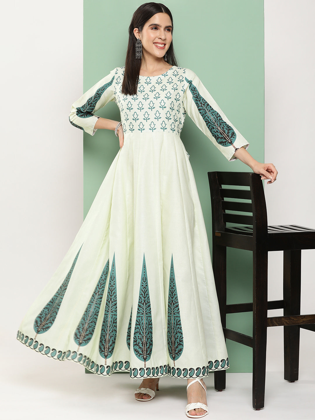 Bhama Couture Beige Printed Long Dress With Waist Belt