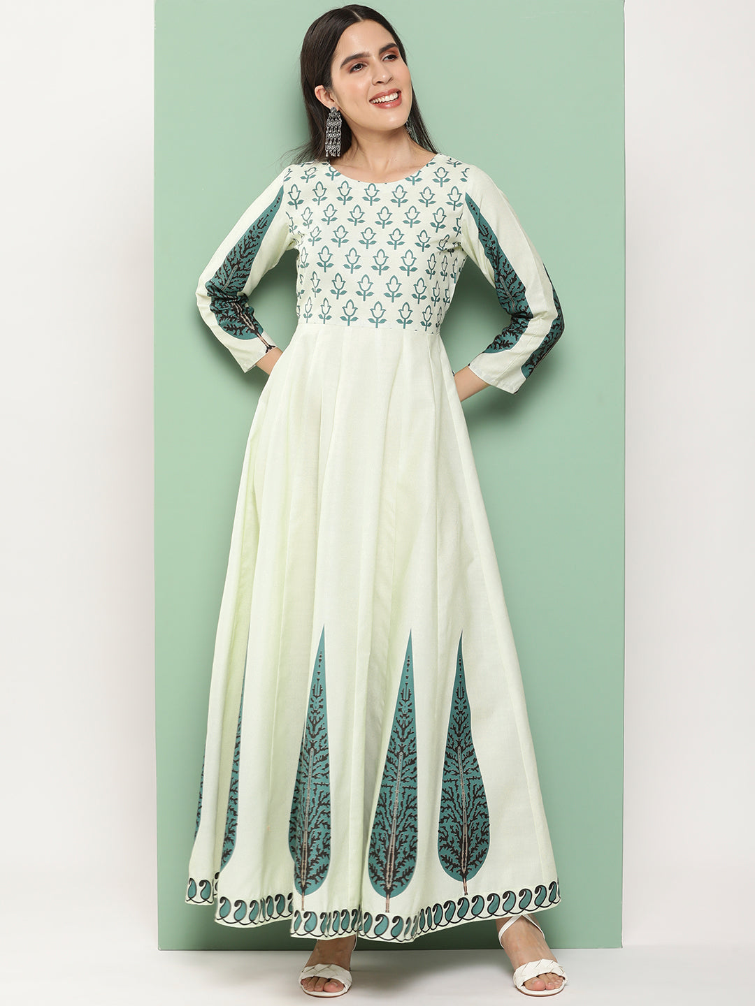 Bhama Couture Beige Printed Long Dress With Waist Belt