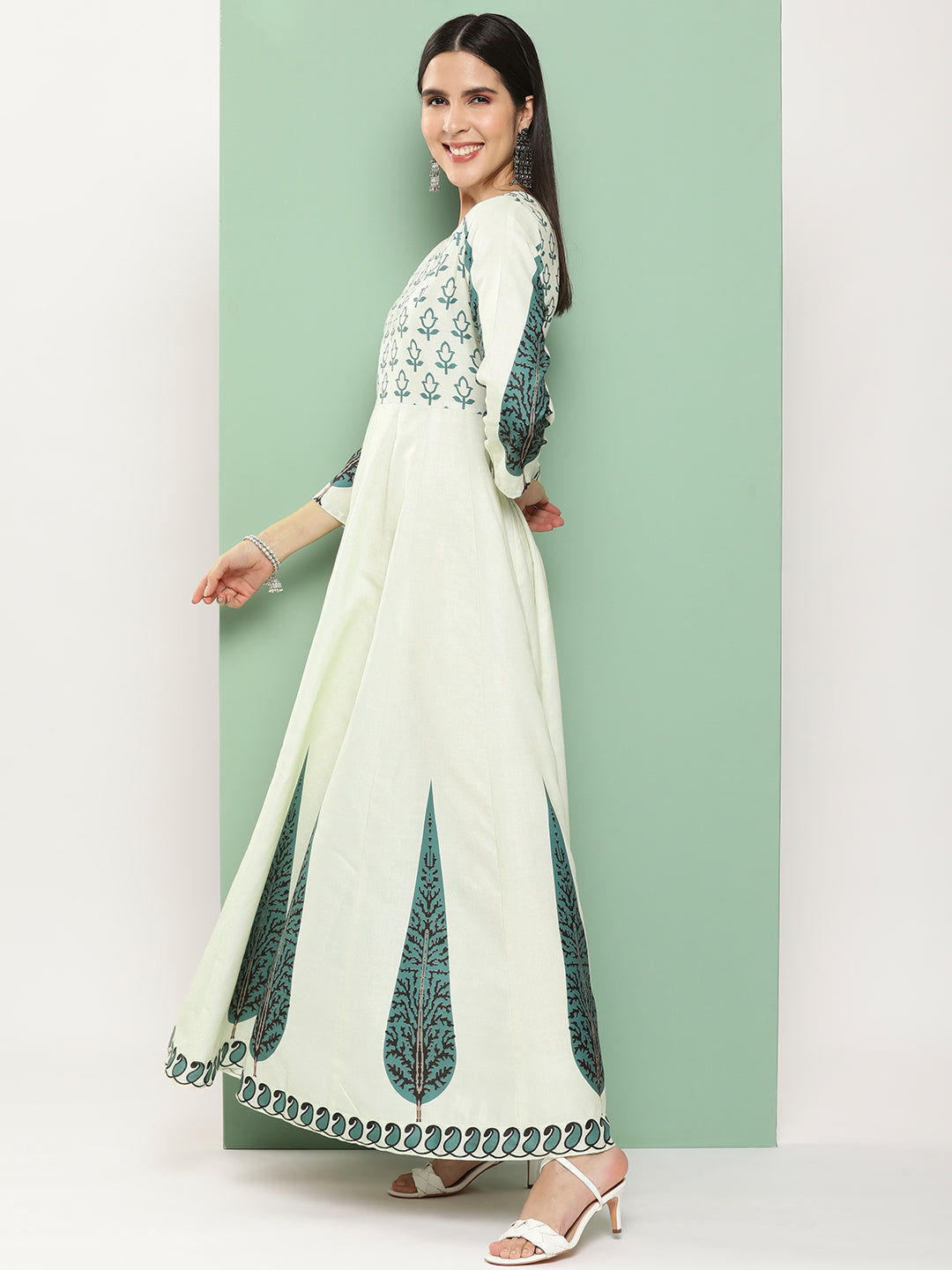 Bhama Couture Beige Printed Long Dress With Waist Belt