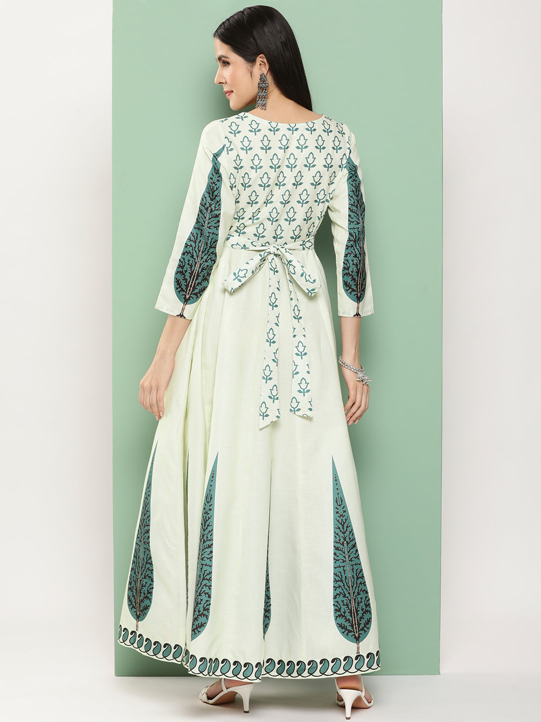 Bhama Couture Beige Printed Long Dress With Waist Belt