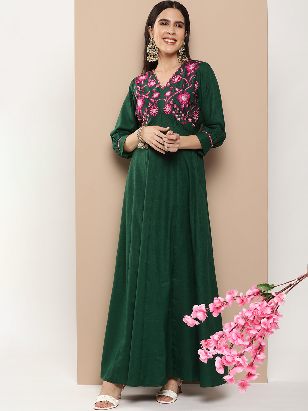 Bhama Couture Green Embroidered Long Dress With Waist Belt