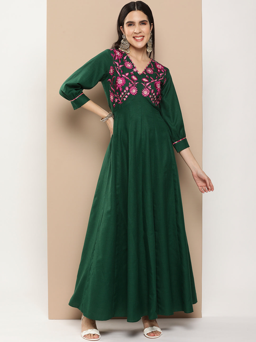 Bhama Couture Green Embroidered Long Dress With Waist Belt