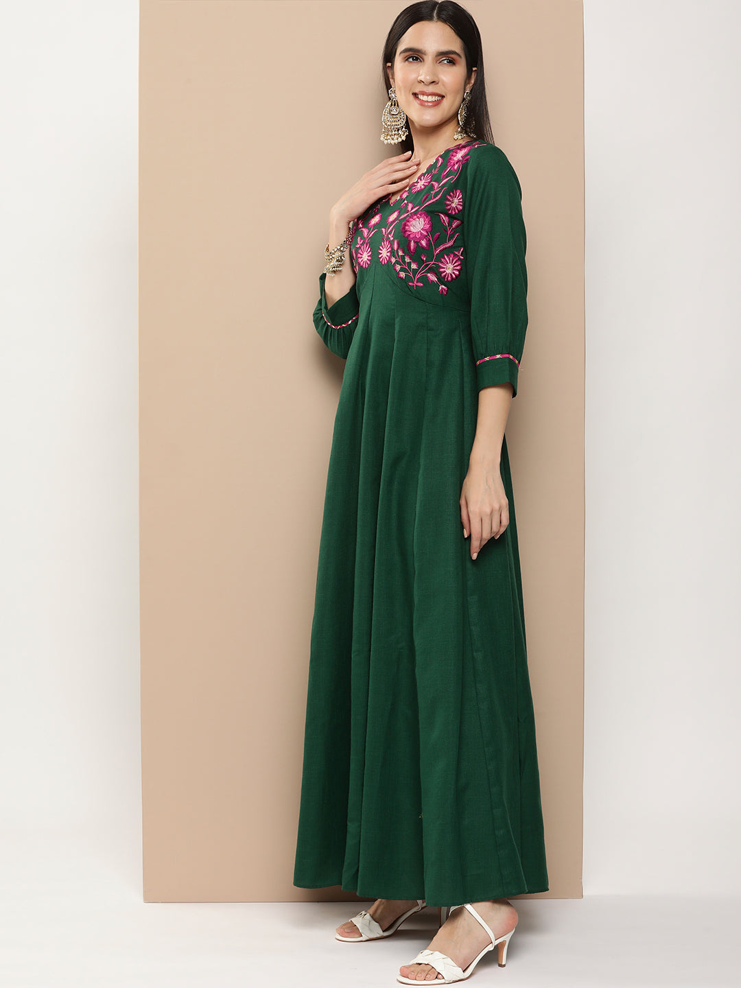 Bhama Couture Green Embroidered Long Dress With Waist Belt