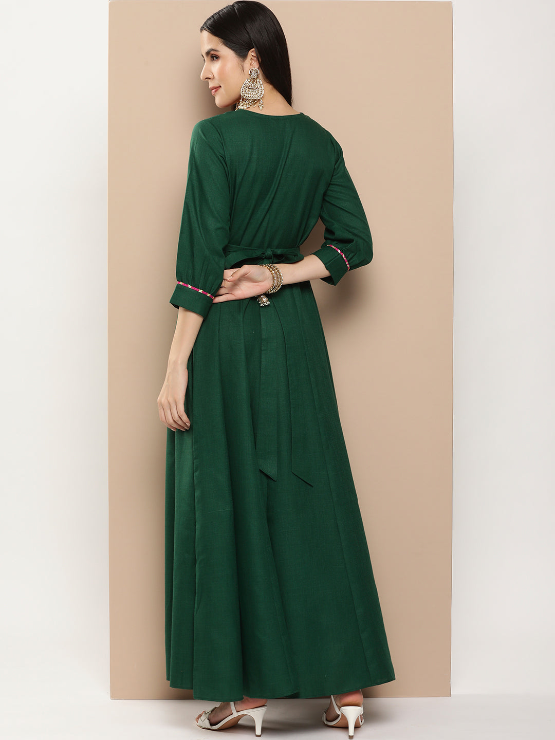 Bhama Couture Green Embroidered Long Dress With Waist Belt