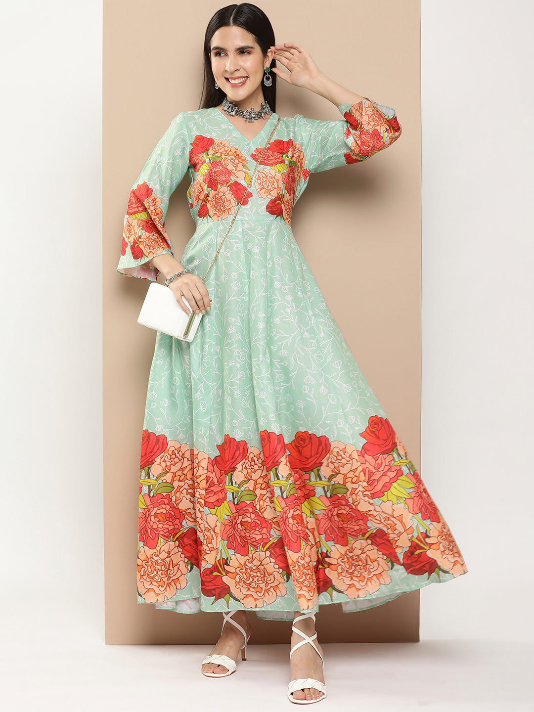 Bhama Couture Green Printed Long Dress With Waist Belt