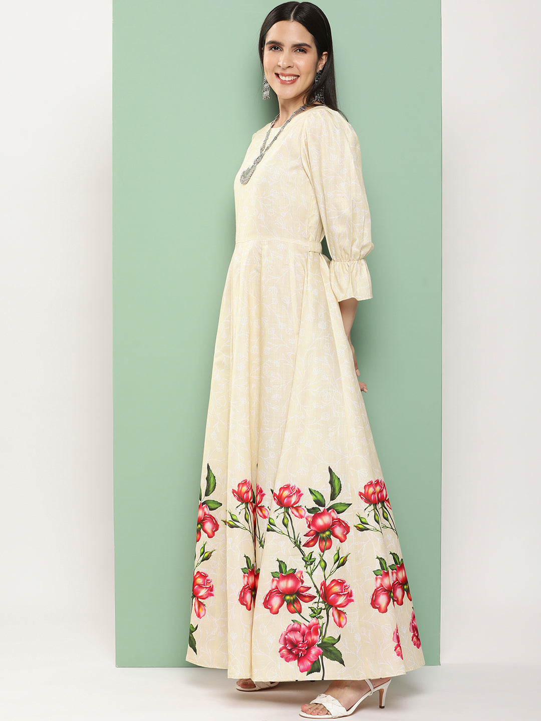 Bhama Couture Beige Printed Long Dress With Waist Belt