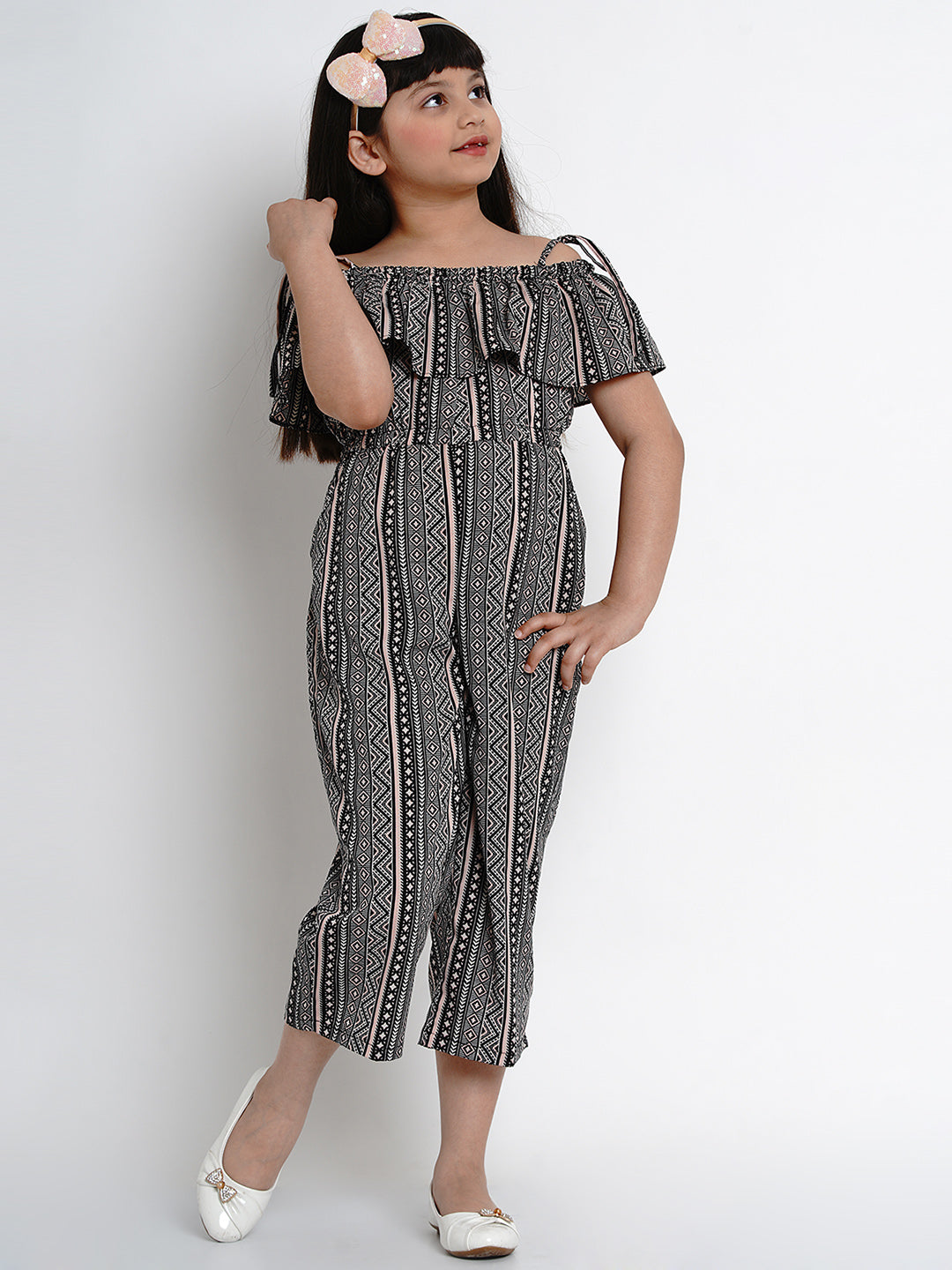 Bitiya By Bhama Girls Black & Off White Printed Off-Shoulder Jumpsuit