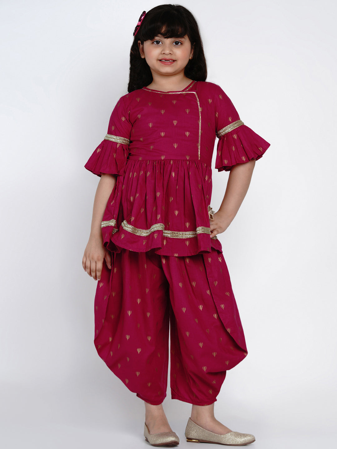 Bitiya by Bhama Girls Magenta Printed Kurti with Dhoti Pants