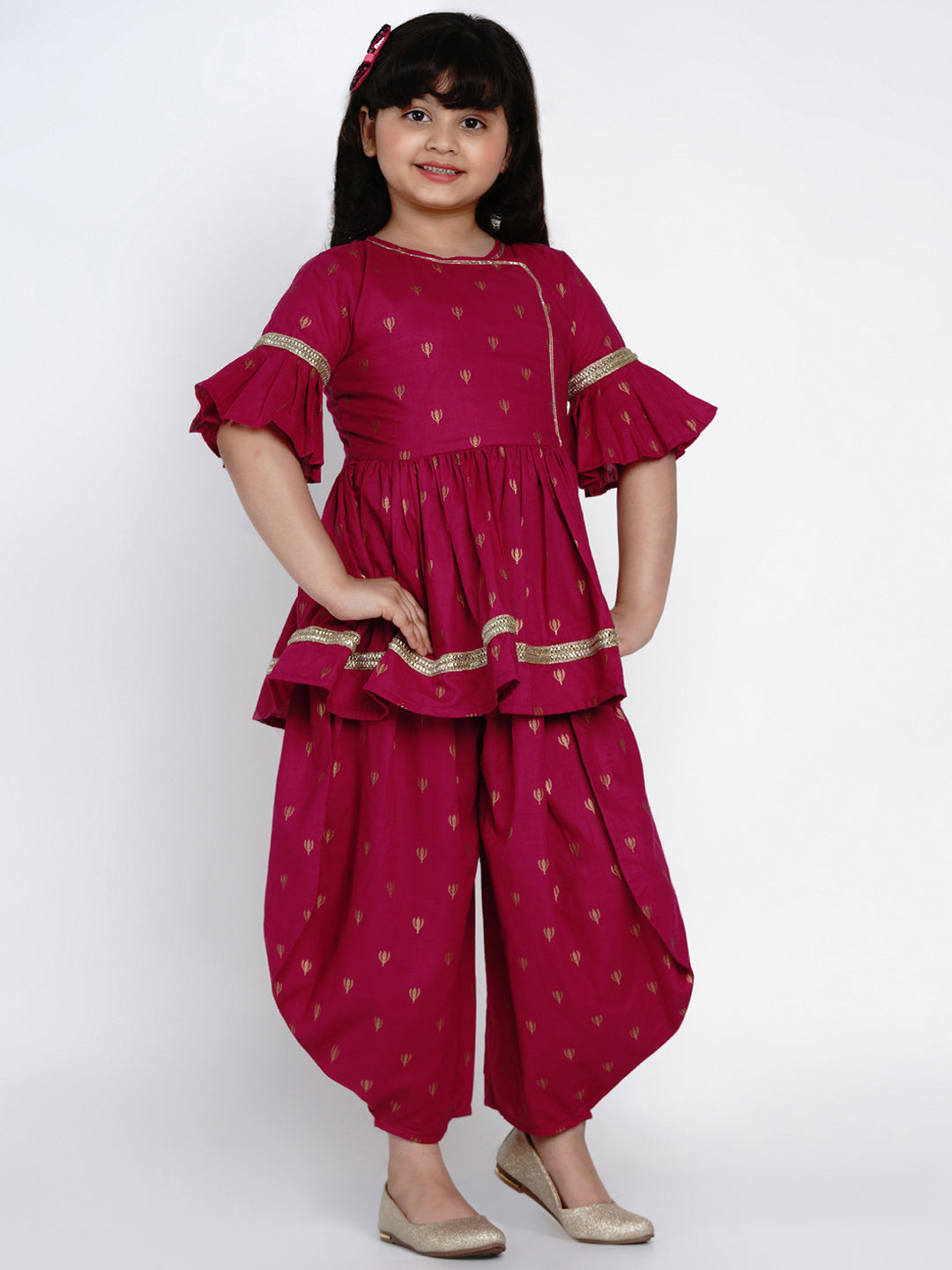 Bitiya by Bhama Girls Magenta Printed Kurti with Dhoti Pants