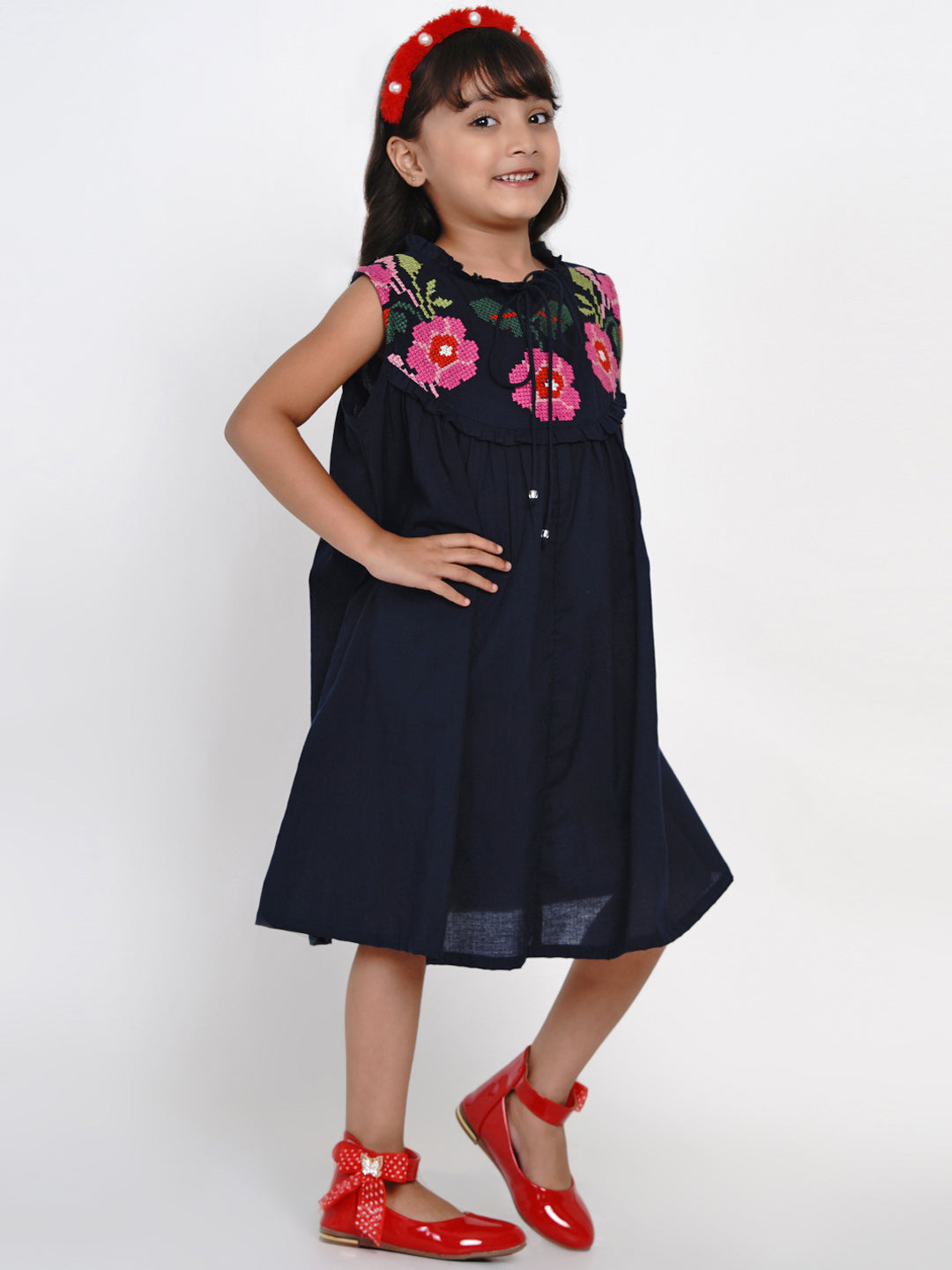 Bitiya By Bhama Girls Navy Blue Solid Fit And Flare Dress