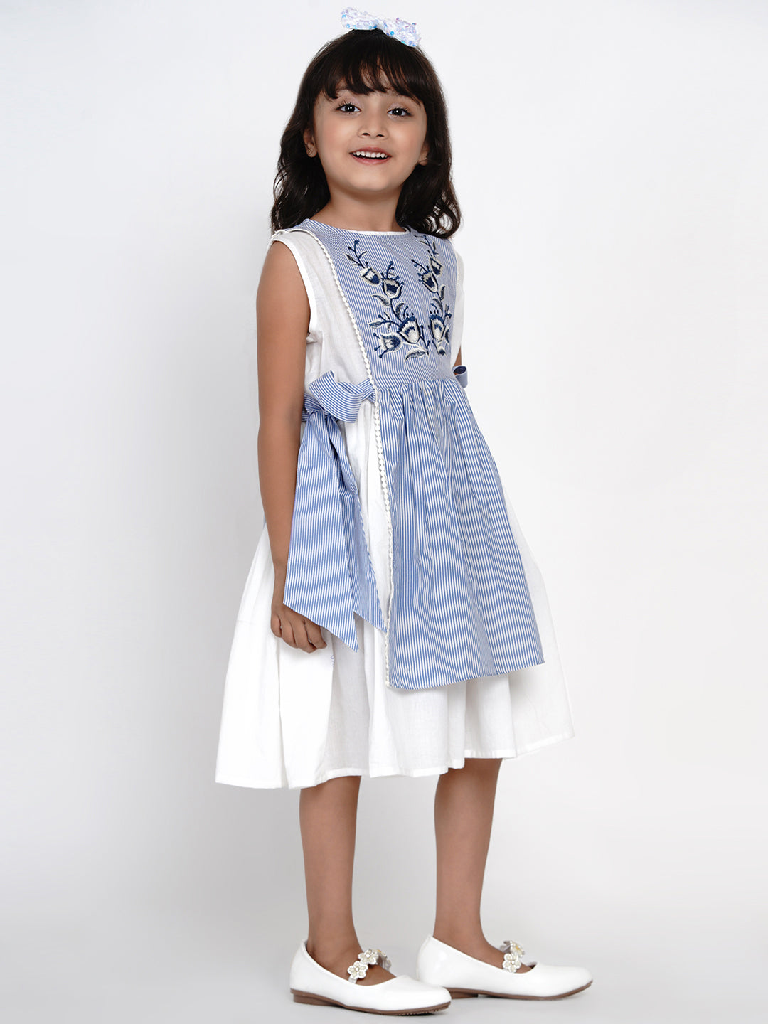 Girls blue and on sale white striped dress