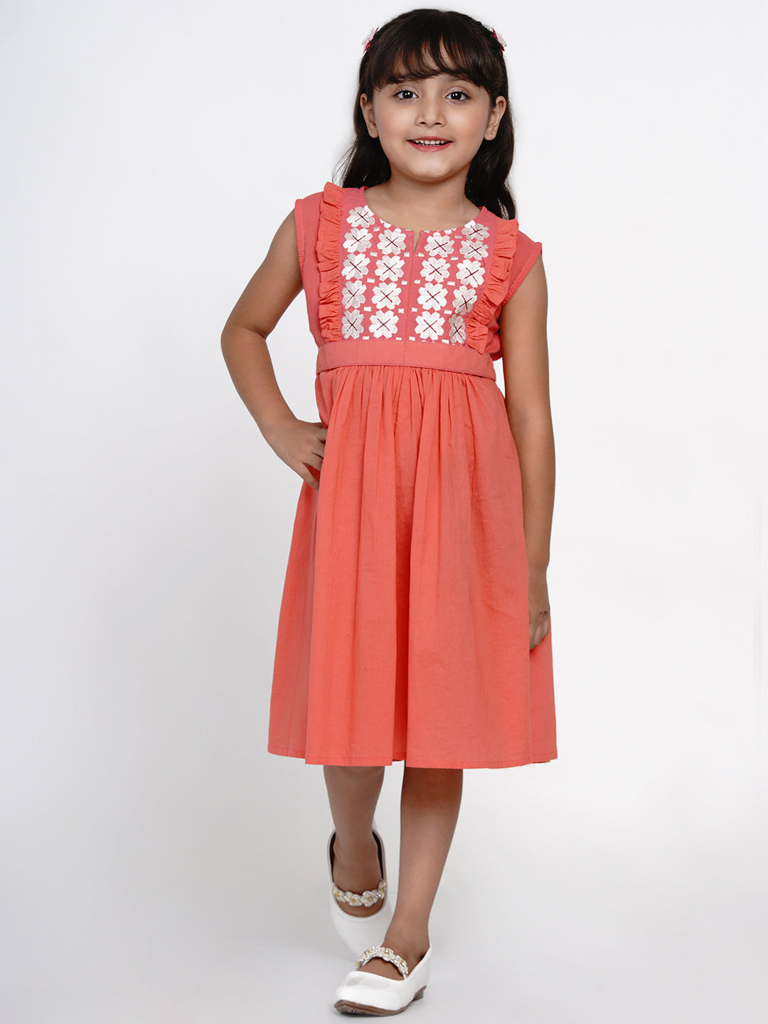 Bitiya By Bhama Girls Peach-Coloured Embroidered Fit And Flare Dress